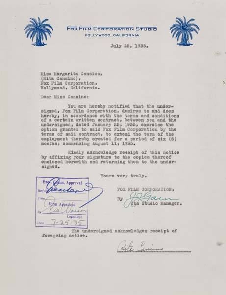 Appraisal: RITA HAYWORTH Typed letter signed as Rita Cansino acknowledging that