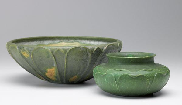 Appraisal: GRUEBY Two vessels with applied leaves under matte green glaze