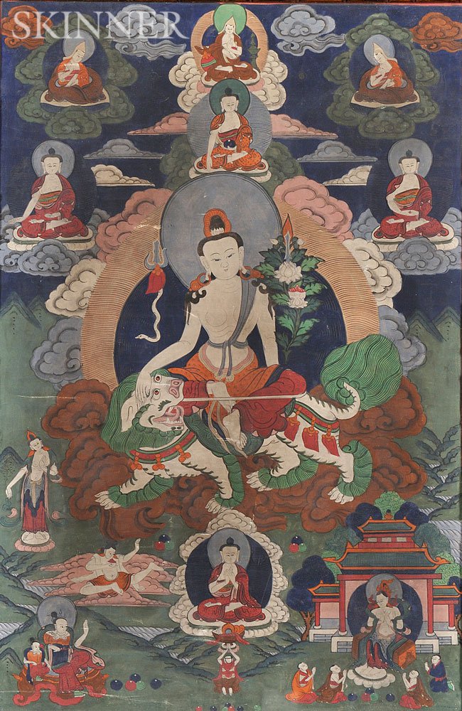 Appraisal: Thangka Sino-Tibet depicting Manjusri bodhisattva riding on a lion in