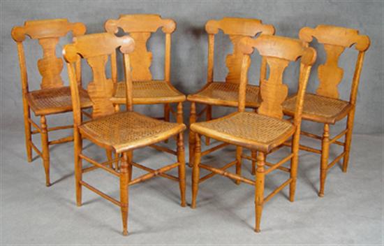 Appraisal: Six Curly Maple Cane Seat Chairs th Century Carved shaped