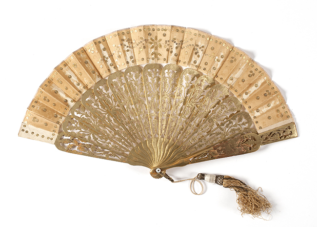 Appraisal: SATIN AND WOOD FOLDING FAN Gold-colored satin leaf interspersed with