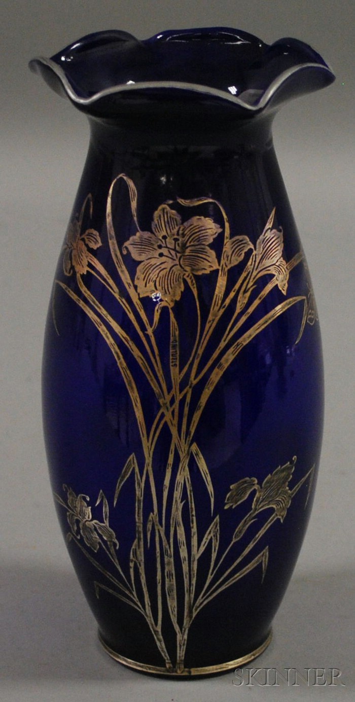 Appraisal: Sterling Silver Overlay Cobalt Glass Vase ht in