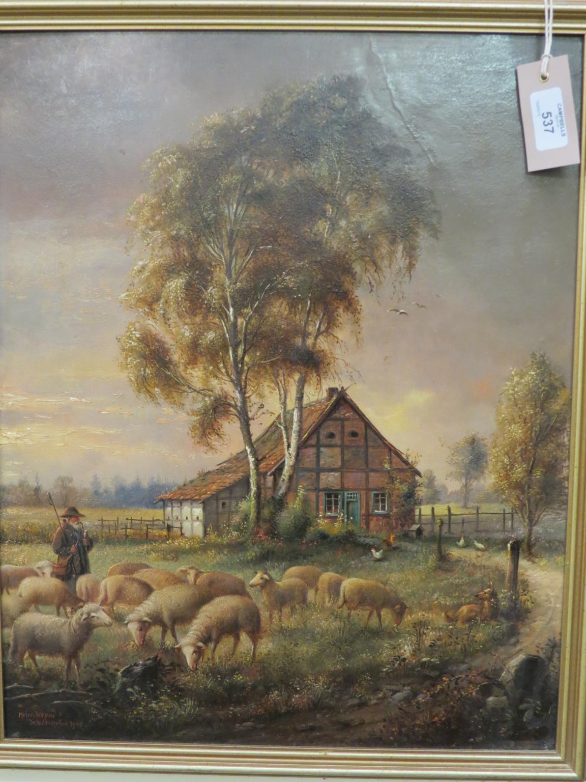 Appraisal: Heinr Repke - oil on board shepherd and country garden