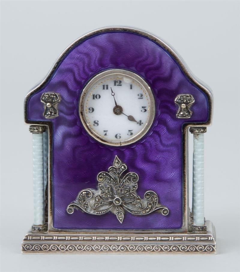 Appraisal: Swiss Silver-Mounted Enamel Miniature Bracket Clock Applied with metallic faceted