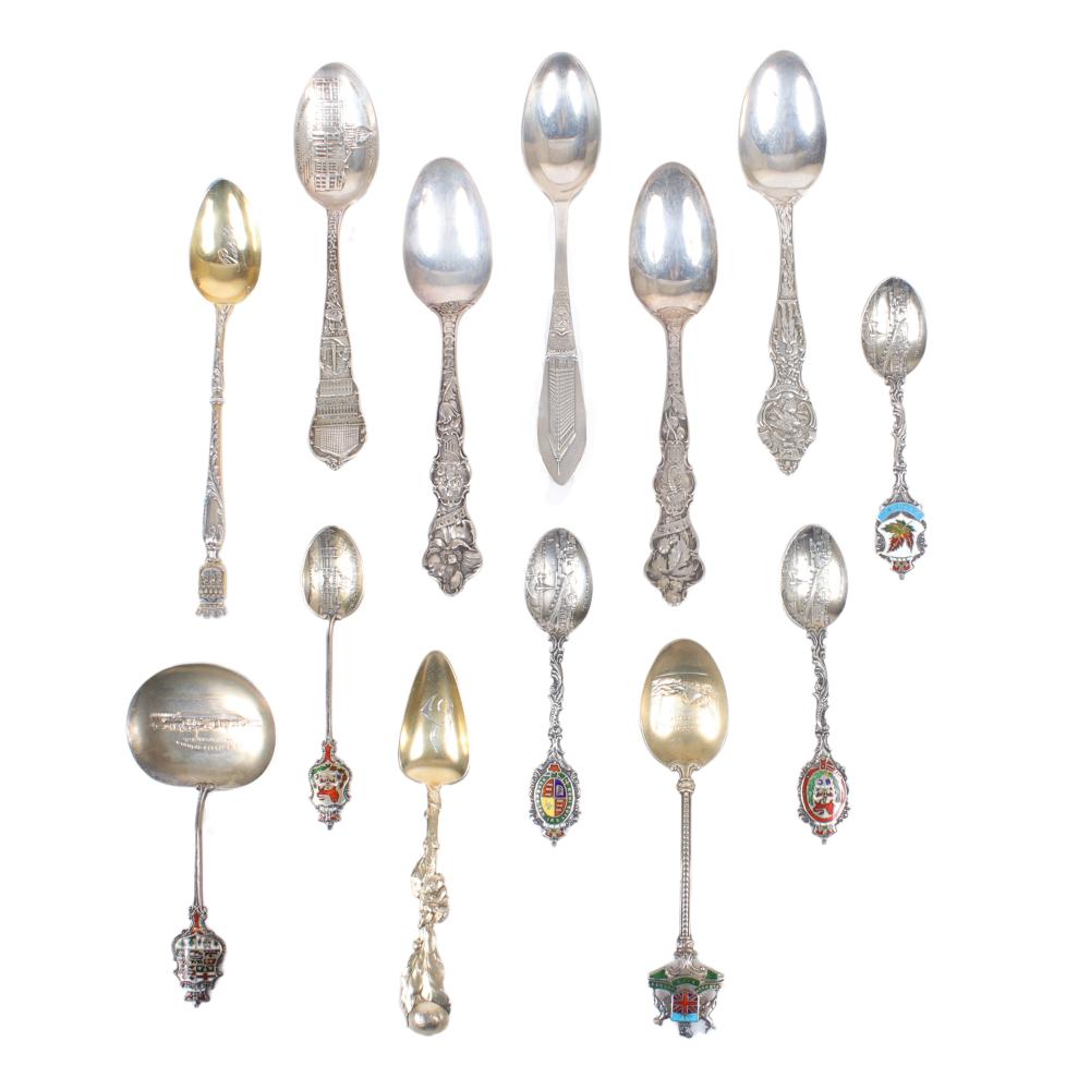 Appraisal: COLLECTION OF ANTIQUE STERLING SILVER SOUVENIR SPOONS ART NOUVEAU- EARLY