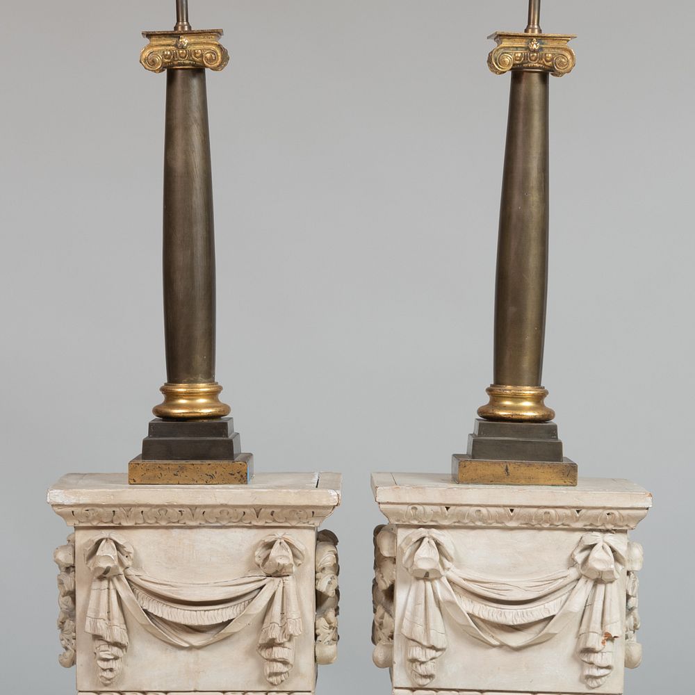 Appraisal: Pair of Gilt and Patinated Metal Columnar Lamps x x