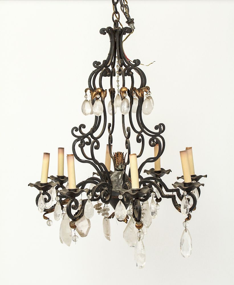 Appraisal: French Bronze -Light Chandelier w Rock Crystal French bronze eight