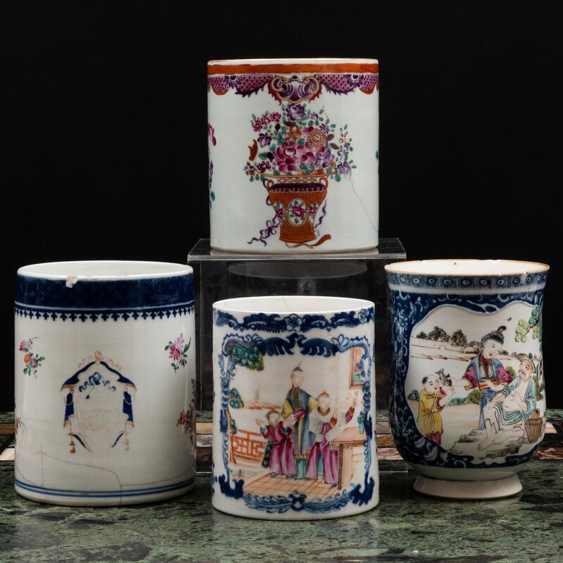 Appraisal: Group of Four Chinese Export Porcelain Mugs Unmarked Comprising A