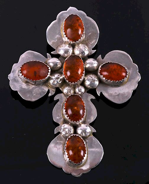 Appraisal: Signed Navajo Sterling Silver and Amber Cross Pin Included in