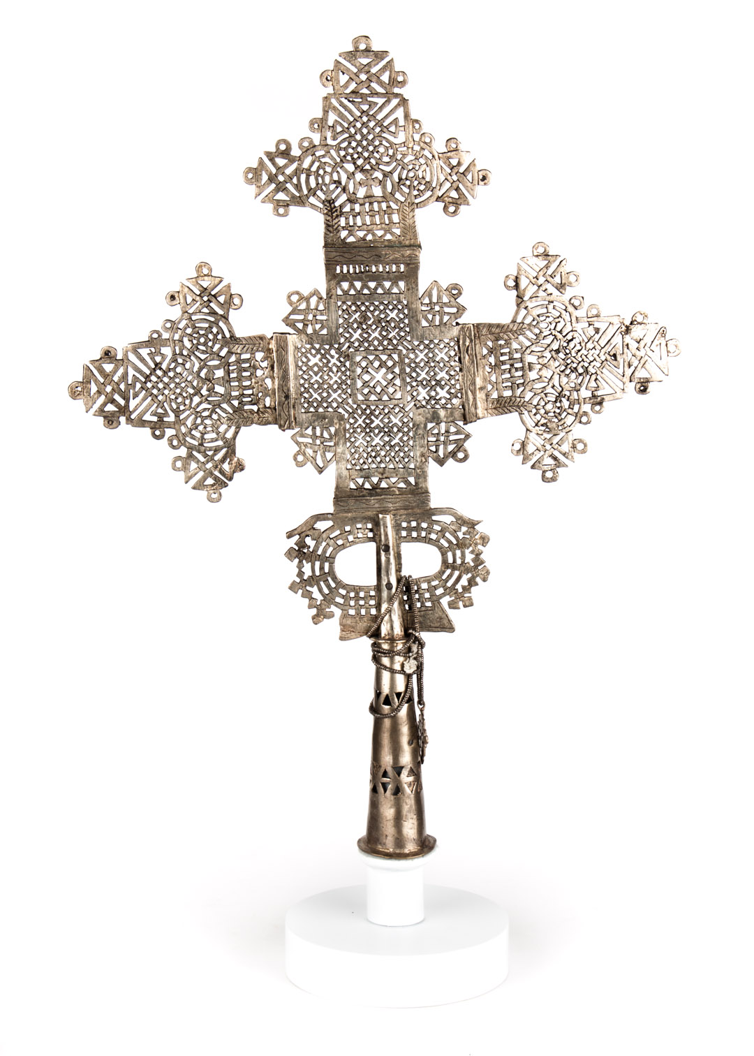 Appraisal: Ethiopian Christian processional cross reticulated and chased nickel alloy in