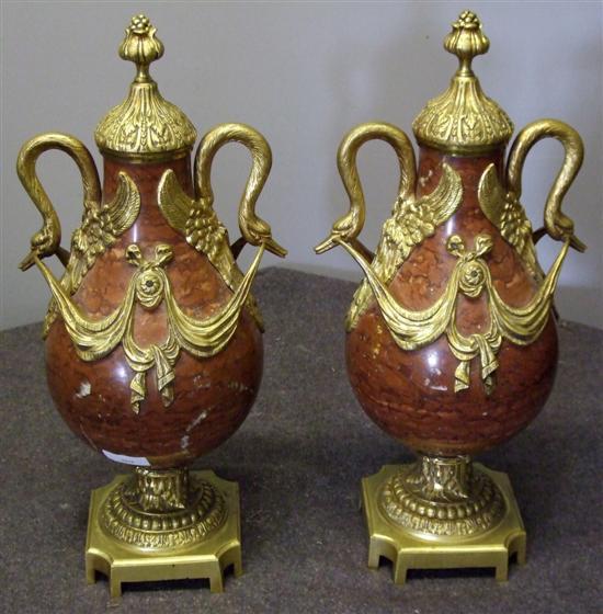 Appraisal: Pair of th century style red marble and gilt urns