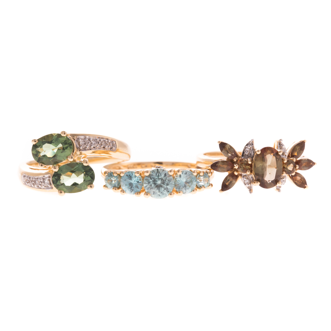 Appraisal: A Trio of Lady's Gemstone Diamond Rings in Gold K