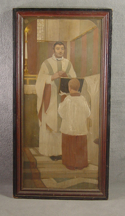 Appraisal: Oil on Board Priest in chasuble reading gospel held by