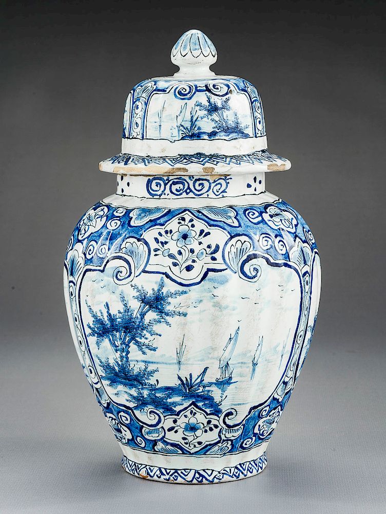 Appraisal: Delft Covered Vase Marked IG DESCRIPTION Delft baluster form vase