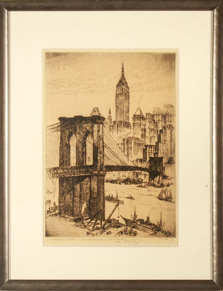 Appraisal: Anton Schutz Brooklyn Bridge Etching on Paper Anton Schutz American