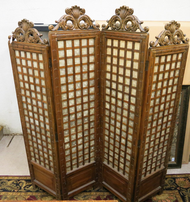 Appraisal: CARVED TEAKWOOD AND WINDOWPANE OYSTER CAPIZ SHELL FLOOR SCREEN Southeast