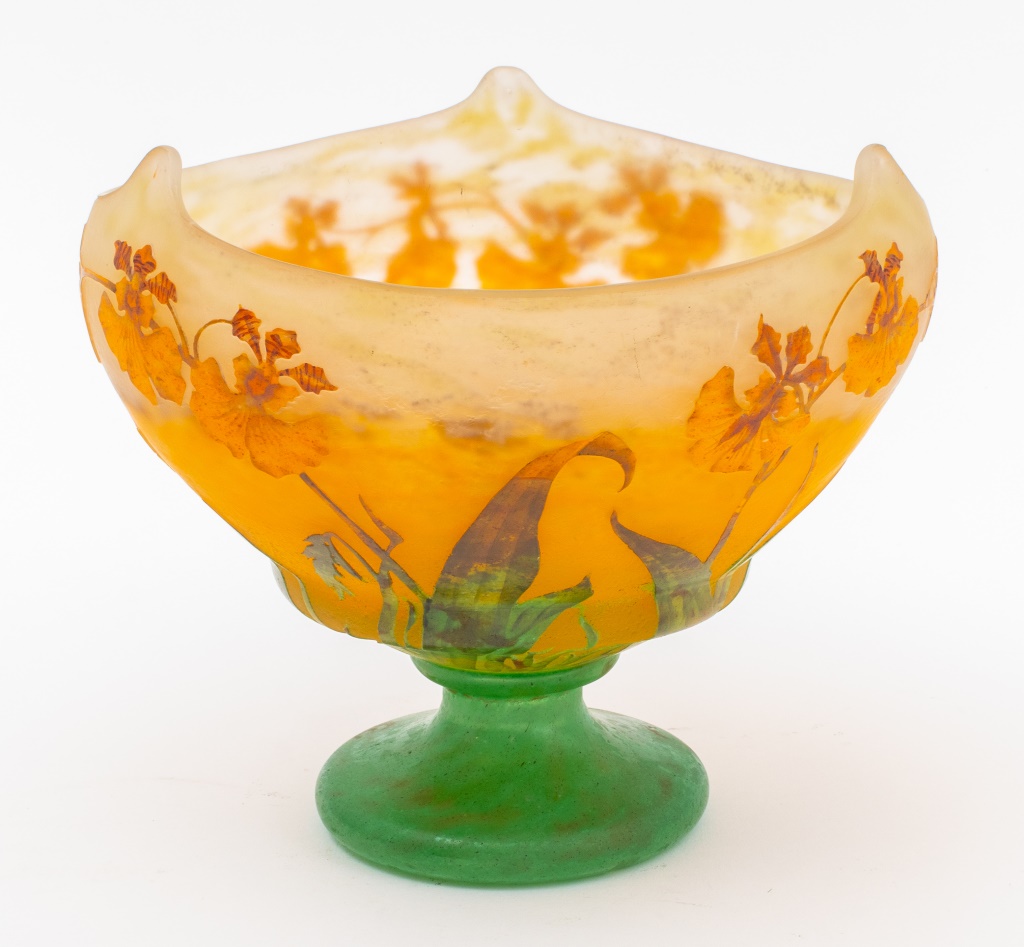 Appraisal: DAUM CAMEO GLASS FOOTED BOWL WITH IRIS MOTIF Daum Freres