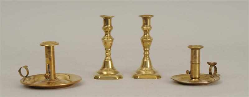 Appraisal: TWO ENGLISH BRASS CHAMBER CANDLESTICKS AND A PAIR OF CANDLESTICKS