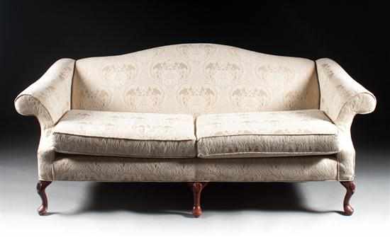 Appraisal: Queen Anne style mahogany upholstered camelback sofa th century in