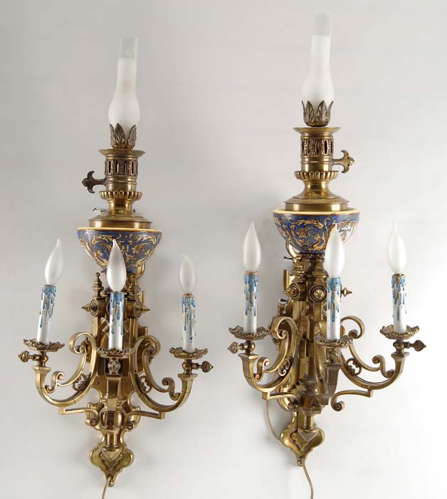 Appraisal: PAIR OF PORCELAIN AND BRONZE WALL SCONCES Wall hung three-branch