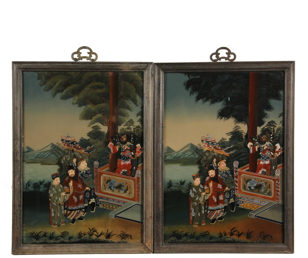 Appraisal: CHINESE REVERSE GLASS PAINTINGS - Both the same Mandarin Court