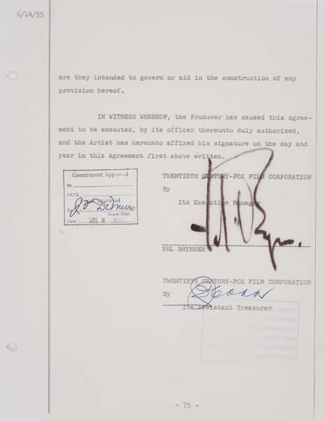 Appraisal: YUL BRYNNER Contract signed by Brynner for The King and