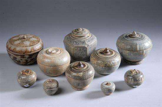 Appraisal: TEN THAI SWANGHALOK STONEWARE JARS AND COVERS Circa th century