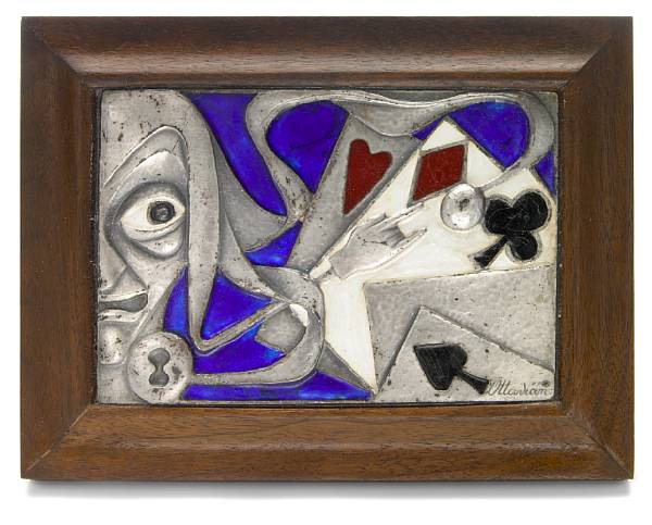 Appraisal: An Ottaviani enameled silver and oak Joker panel s inscribed