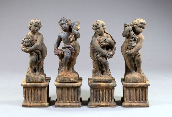 Appraisal: Suite of Four Cast-Stone Garden Figures-on-Pedestals depicting The Four Seasons