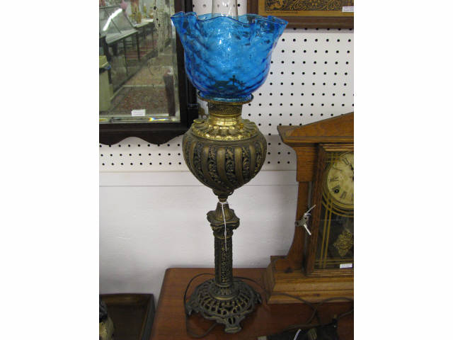 Appraisal: Victorian Bronzed Banquet Lamp blue swirl art glass shade