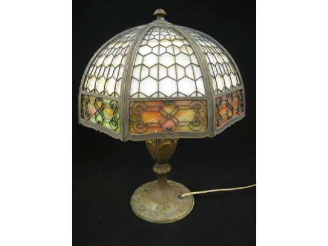 Appraisal: Antique Slag Glass Lamp panel umbrella shade carmel above mottled