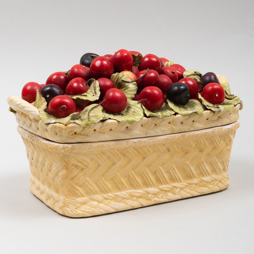 Appraisal: Continental Ceramic Tromp L'Oeil Basket of Cherries Form Box Unmarked