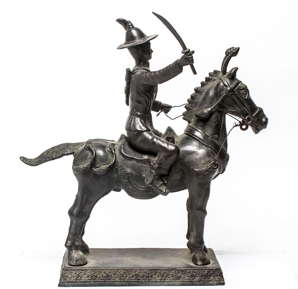 Appraisal: Chinese Bronze Warrior on Horseback Sculpture Chinese sculpture depicting warrior