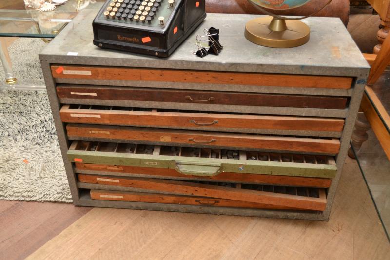 Appraisal: EIGHT TIMBER PRINTERS DRAWERS IN METAL CABINET WITH CONTENTS EIGHT