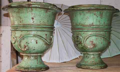 Appraisal: PAIR OF SMALL FRENCH ANDUZE GREEN GLAZED TERRA COTTA URNS