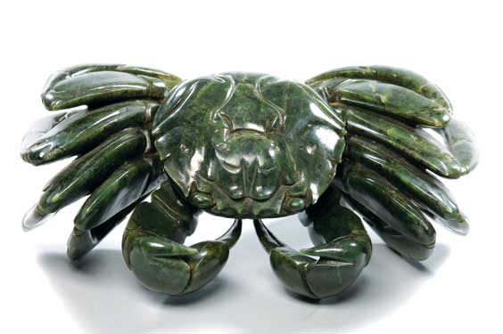 Appraisal: CARVED SPINACH JADE CRAB Chinese carved spinach jade model of