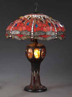 Appraisal: Large Tiffany Style Leaded Glass Dragonfly Lamp l Large Tiffany