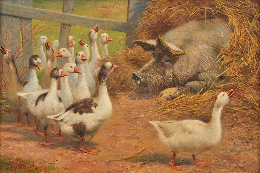 Appraisal: WILLIAM WEEKES British active - Farmyard Encounter oil on panel