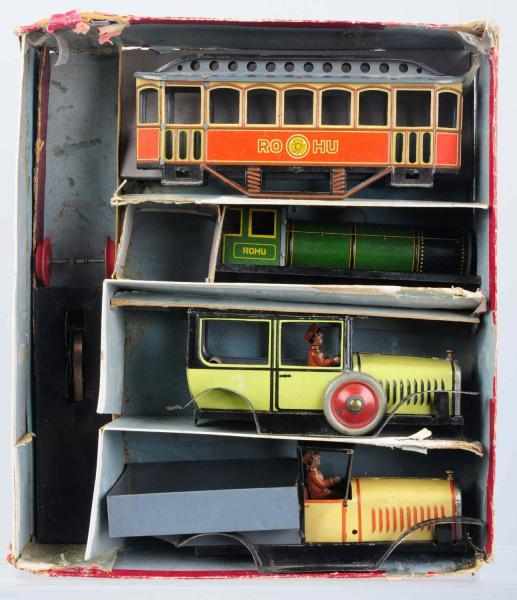 Appraisal: Very Scarce Tin Litho Wind-Up Vehicle Set German Made by