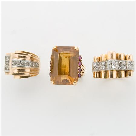 Appraisal: Group of Three Retro Gold Diamond and Gem-Set Rings Estimate