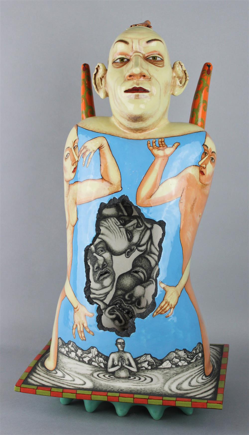 Appraisal: SERGEI ISUPOV GLAZED CERAMIC HIDING FROM HIMSELF signed Isupov on