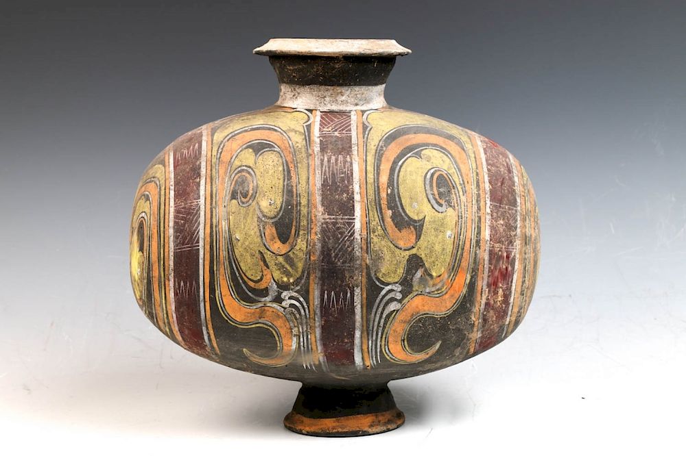 Appraisal: PAINTED COCOON JAR HAN DYNASTY Well potted of oval form