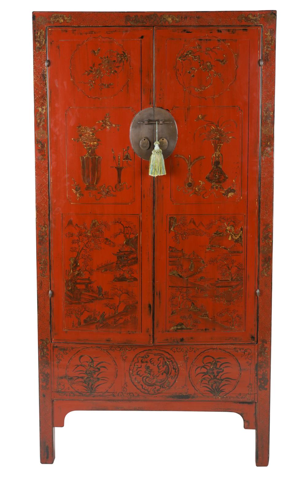 Appraisal: CHINESE RED LACQUERED ARMOIREthe pair of hinged doors opening to