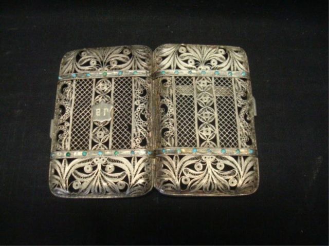 Appraisal: Filigree Silver Box Marked on edge with turquoise stones From