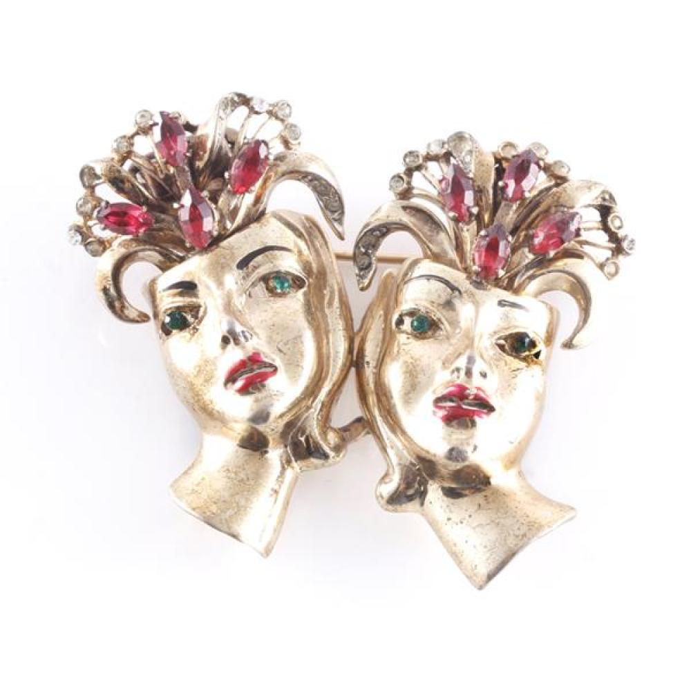 Appraisal: SIGNED CORO STERLING VERMEIL WOMEN'S FACES IN HEADDRESSES DUETTE PIN