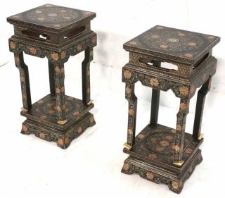 Appraisal: Pr Asian Lacquered Side End Tables Black ground with silver