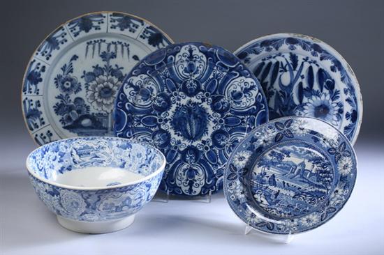 Appraisal: THREE DUTCH DELFT CHARGERS AND TWO PIECES ENGLISH BLUE AND