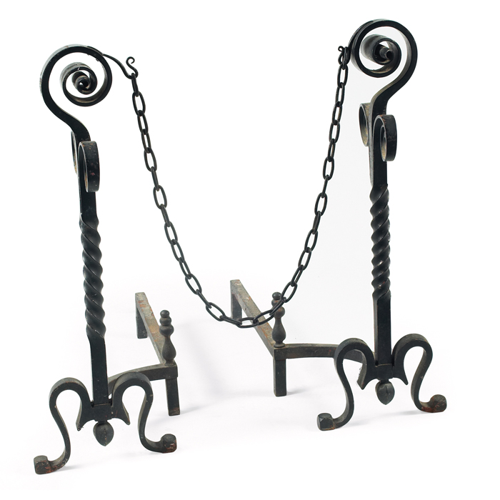 Appraisal: Arts Crafts andirons in twisted and curled wrought iron with