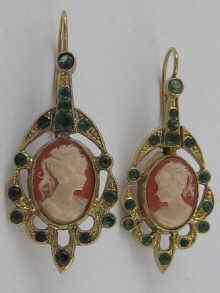 Appraisal: A pair of drop earrings set with emeralds and cameos