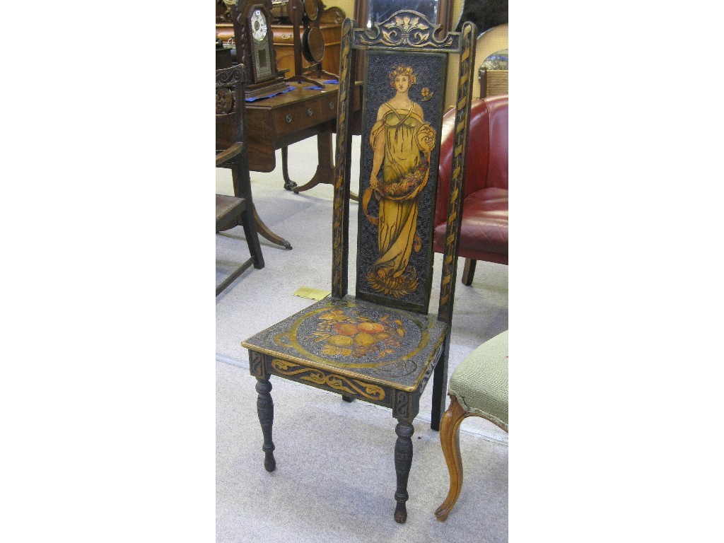 Appraisal: Pokerwork high back hall chair with figure decorated back panel